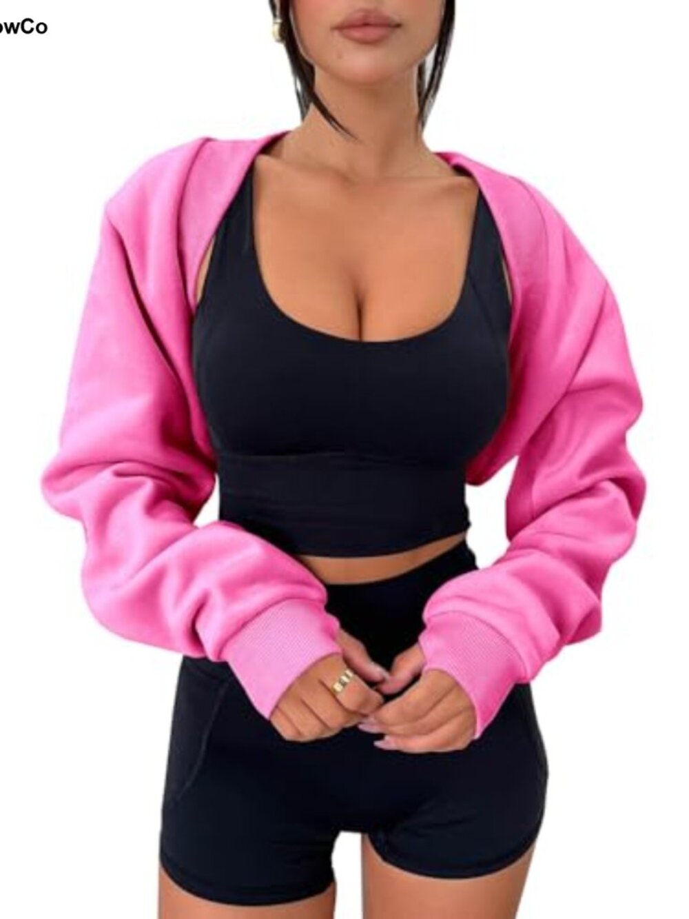 Cotton Blend Bolero Shrug Long Sleeve Cropped Sweatshirt Thumb Hole Open Front